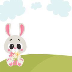 Fototapeta premium Adorable bunny holding spring flowers sitting on grass with copy space. Vector illustration for holiday design, greeting cards, banner, nursery decor and baby products