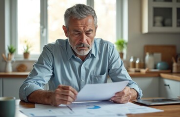 Fototapeta premium Elderly man sits at table, reviews financial papers and tablet. Concentrating on home budget, bills, and taxes, he appears worried. Focused senior male reviews documents, planning finances in kitchen.