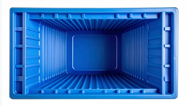 Square blue plastic container frame with open center, raised edges, vertical ridges, smooth finish, functional manufacturing component.