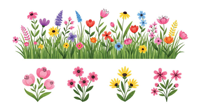 A vibrant border of varied colorful wildflowers and lush green grass sits above four distinct flower bouquets.