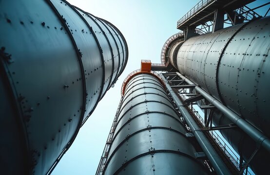Industrial silos made of steel rise towards sky. Large cylindrical structures part of modern industrial complex, used for storing materials. Low angle view emphasizes scale, engineering.