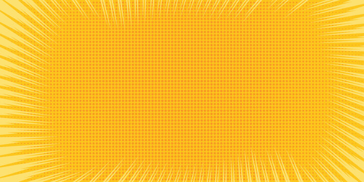 Anime comic book zoom background with sunburst frame and halftone dots. Vector manga speed lines and explosive pop art border for action scenes. Vector Illustration.