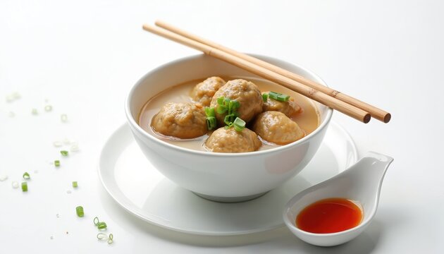 Bowl of bakso served with broth and chopped green onions. Wooden chopsticks rest on top of the white ceramic dish. Small dish of red chili sauce sits nearby.