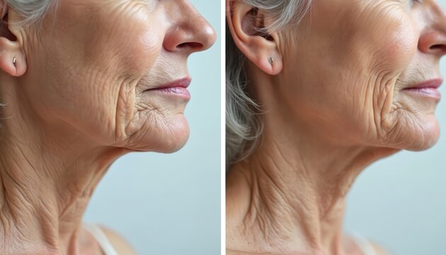 Mature woman aged skin on face and neck compared. Shows wrinkles, double chin, sagging skin before and after treatment. Focus on skin texture.
