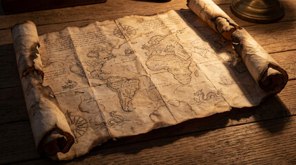 Vintage treasure map on parchment scroll with leather strap on wooden table with brass object © Food Shop