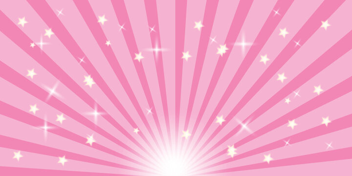 Pink comic book zoom background with sunburst rays and sparkling stars. Vector manga speed lines and magical pop art backdrop for celebratory video transitions and overlays. Vector Illustration.