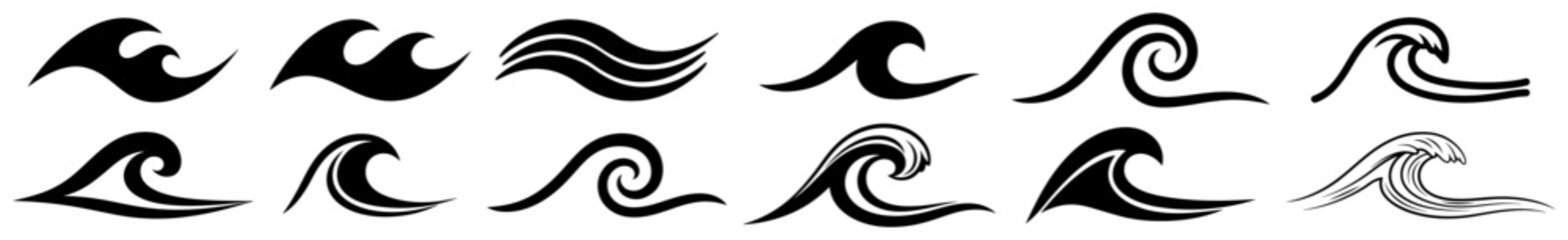 Naklejka premium Set of stylized ocean wave icons in minimal graphic style