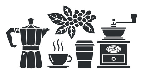 Obraz premium Coffee making and drinking equipment with beans and hot beverage icon set