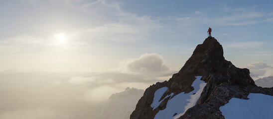 Lone Hiker Standing on Rocky Mountain Peak at Sunrise Over Misty Valley Adventure and Triumph © edb3_16
