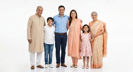Fototapeta premium Happy Indian Joint Family Smiling Together White Background