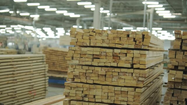 A large industrial warehouse featuring a forklift operating among stacks of dried wooden planks prepared for further furniture or flooring production