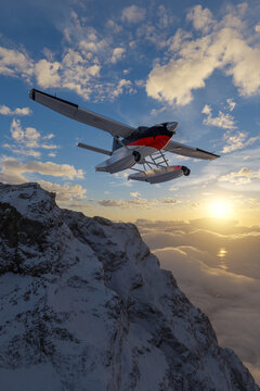 Floatplane Flying Over Snowy Mountain At Sunset Above Clouds - 3d Rendering