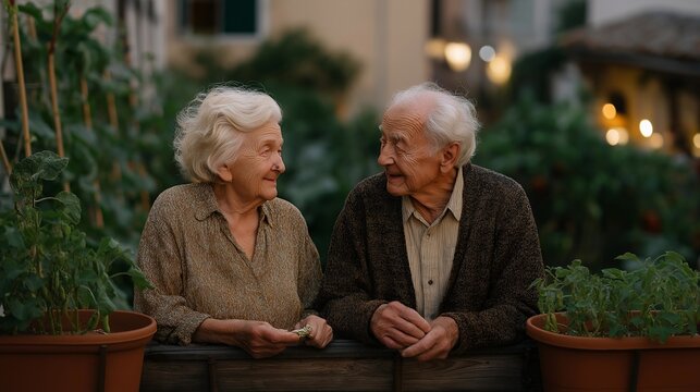 Two elderly neighbors leaning over a shared garden fence at dusk, one passing a small cloth seed envelope to the other, terracotta pots and trellised beans framing the warm exchange, perfect for