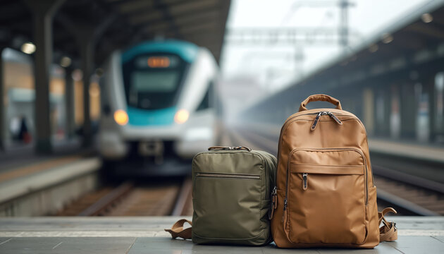 Two backpacks wait on train platform. Modern train passes by on tracks in blurred background. People travel by rail for business or vacation.