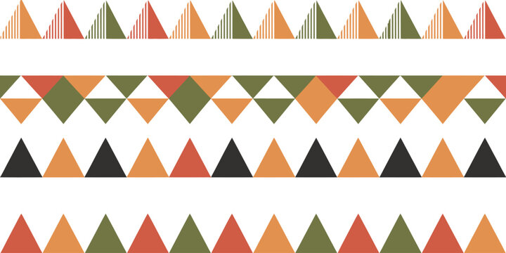 Set of four geometric triangle pattern stripes in green orange red and black