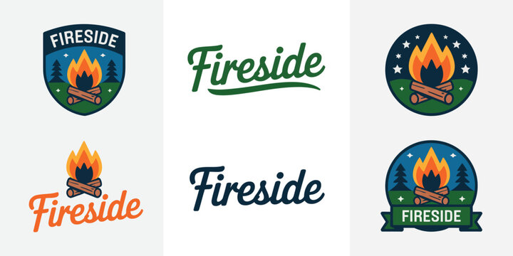 Six camping with campfire and logotype in green and blue