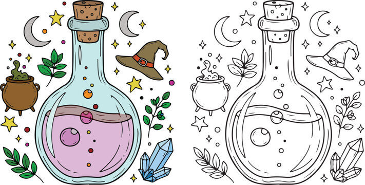 love potion Mystical Elements with Colored and Line Art Versions, EPS