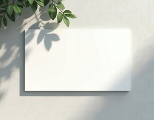 Fototapeta premium Blank white horizontal rectangle on light grey wall. Soft shadows from green leaves fall across surface. Top view, flat lay for design, presentation or advertisement.