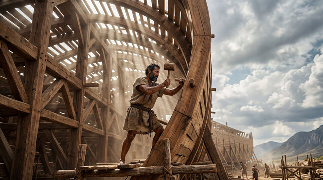Epic cinematic reconstruction of biblical patriarch Noah building the massive wooden ark with a mallet under rays of divine light with copy space