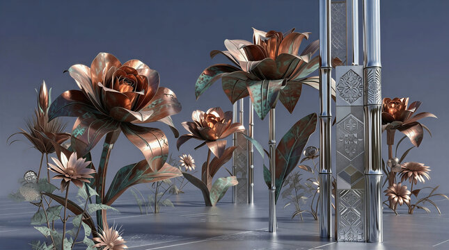 These unusual flowers seem to be crafted from metal. They have a highly detailed structure, but look like sculptures. The atmosphere is futuristic, elegant, and slightly surreal.