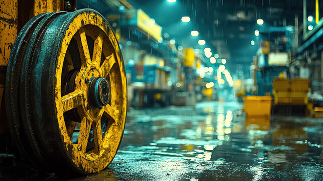 A large, weathered yellow wheel stands prominently in a vast industrial manufactu plant, reflecting light from the wet floor on a rainy day inside the factory.