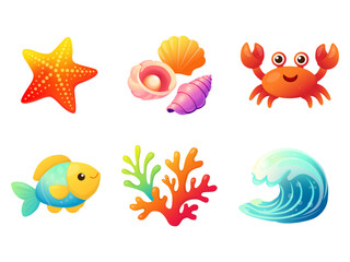 Fototapeta premium Set of cute ocean elements including fish, crab, starfish, shells, coral and wave in bright cartoon style