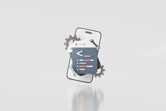 3d mobile app development icon. coding maintenance concept. minimal cartoon smartphone code editor gear wrench for dev dashboard. isolated on white transparent background. 3d render.