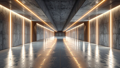 Naklejka premium Symmetrical brutalist concrete corridor with orange neon lights, futuristic perspective tunnel for powerful product display mockup.