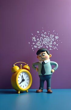 Man in shirt and tie stands near yellow alarm clock. Numbers and symbols float around his head showing confusion. He looks stressed by impending deadline or urgent task.