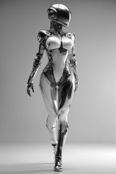 Futuristic humanoid robot walking forward on white background, full body AI technology concept with copy space