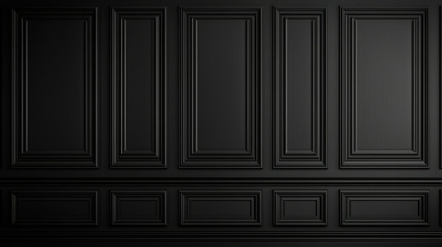 An elegant black wall paneling with raised molding and trim creates a sophisticated and classic architectural backdrop for interior design applications and styles.