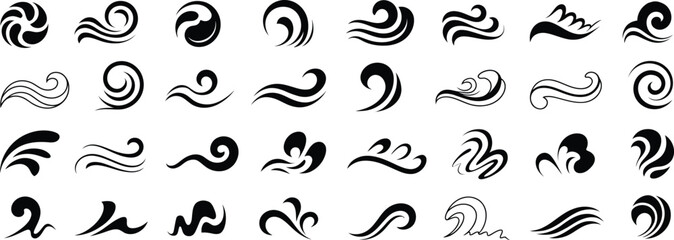 Naklejka premium Collection of wave icons vector set, abstract water swirl shapes isolated, ocean flow symbols, decorative fluid design elements pack