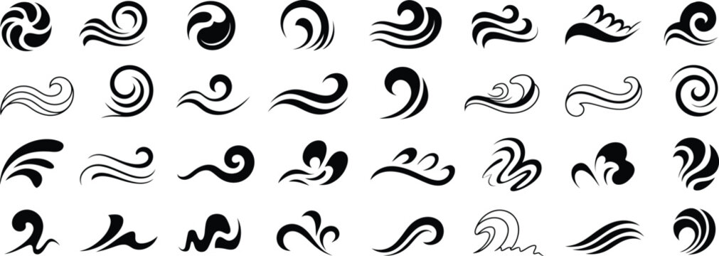 Collection of wave icons vector set, abstract water swirl shapes isolated, ocean flow symbols, decorative fluid design elements pack