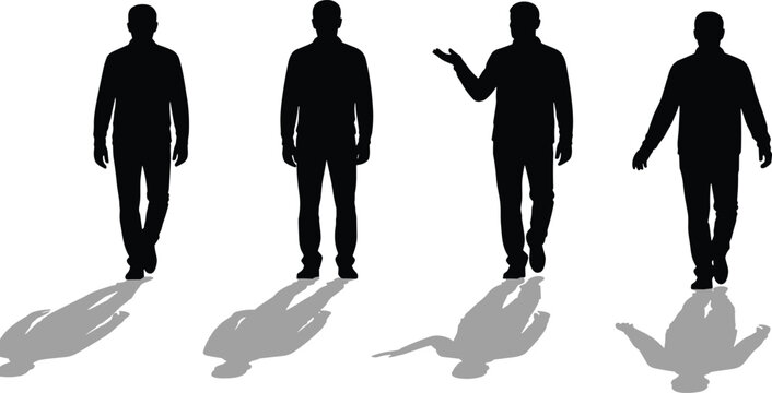 Silhouettes of four men walking and gesturing with shadows on transparent background.