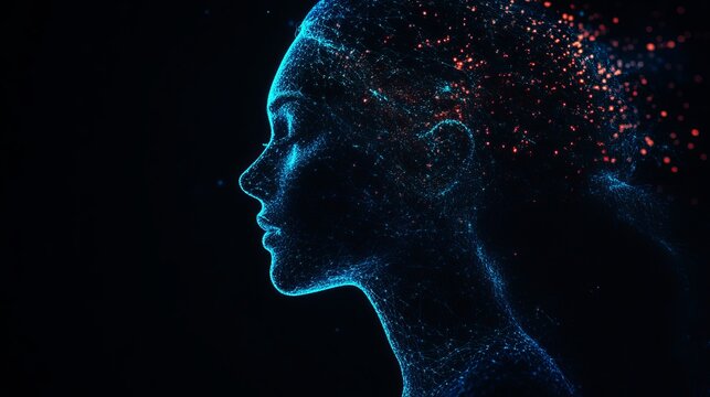 A futuristic digital illustration of a woman's face made of glowing blue and red particles on a black background