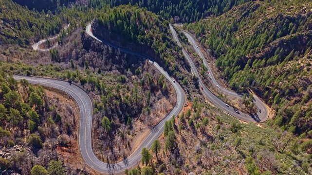 Winding switchback road of Arizona climbs through Oak Creek Canyon connecting Flagstaff and Sedona in Arizona