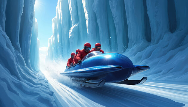 Four athletes in red suits speed down icy track in blue bobsled. Navigate sharp turns with high velocity. Winter extreme sport competition shown with dynamic motion. Snow, ice spray. Bright daylight.