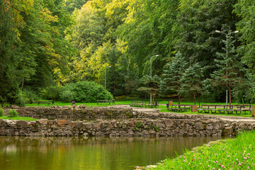 Serene park scene with stone wall and pond surrounded by lush greenery and trees © Artem Kniaz
