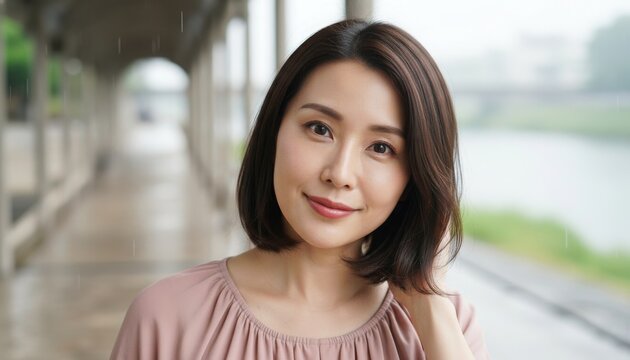 雨の日の川沿いの通路で微笑むエレガントなミセス