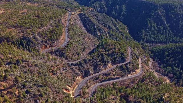 Winding switchback road of Arizona climbs through Oak Creek Canyon connecting Flagstaff and Sedona in Arizona