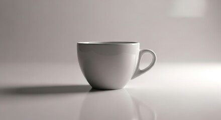 Fototapeta premium A white ceramic coffee cup on a reflective surface with a plain background