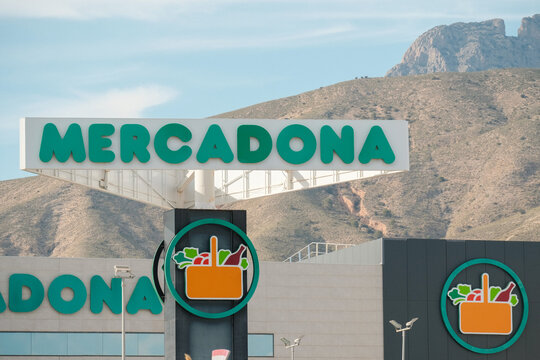 Finestrat, Spain - March 19, 2026: Mercadona supermarket advertising outdoors. Mercadona is popular supermarket chain in Spain and Portugal.
