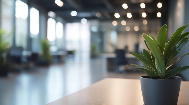 A small potted plant sits on a desk in a modern office with a blurred background of chairs and windows.