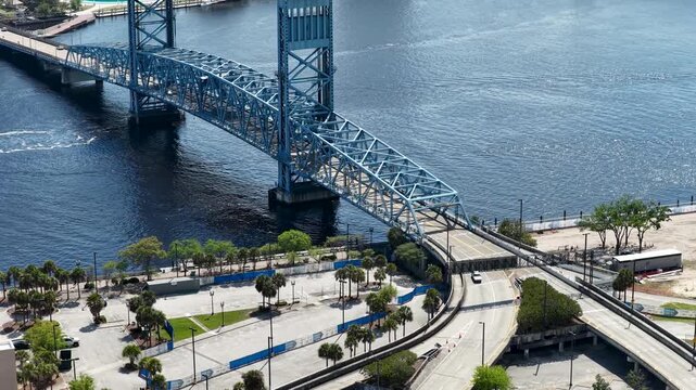 Aerial footage of cars driving on a bridge in Jacksonville Florida USA