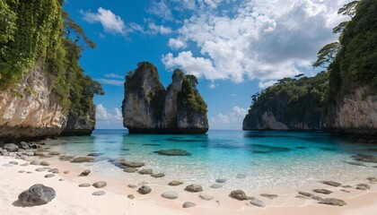 Obraz premium Stunning coastal rocks and serene beach with turquoise waters high resolution photo