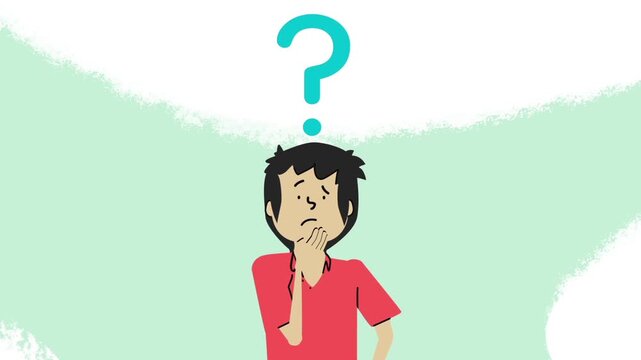 Confused young man thinking with question mark animation, problem solving and decision making concept with puzzled expression character