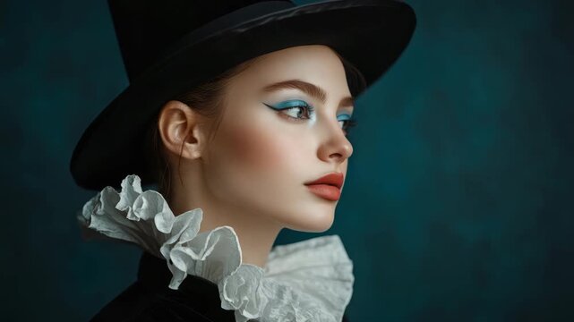 Young woman in top hat and ruffled collar posing with dramatic makeup  