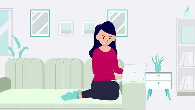 Woman meditating on sofa at home animation, relaxation and mental health concept with peaceful lifestyle and mindfulness practice