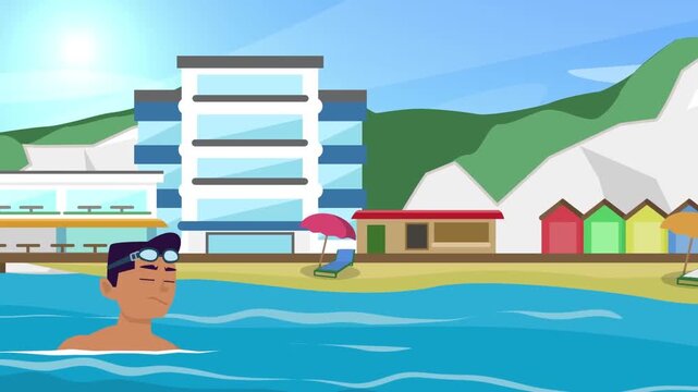 Man swimming in sea near resort animation, summer vacation and travel lifestyle concept with beach and ocean background