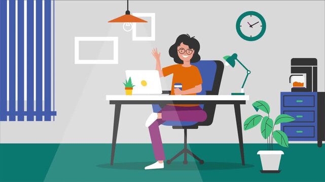 Woman working on laptop at home office animation, remote work and freelance lifestyle concept with modern workspace environment
